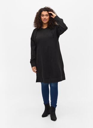 Sweatshirtklänning med huva, Black Solid, Model image number 2