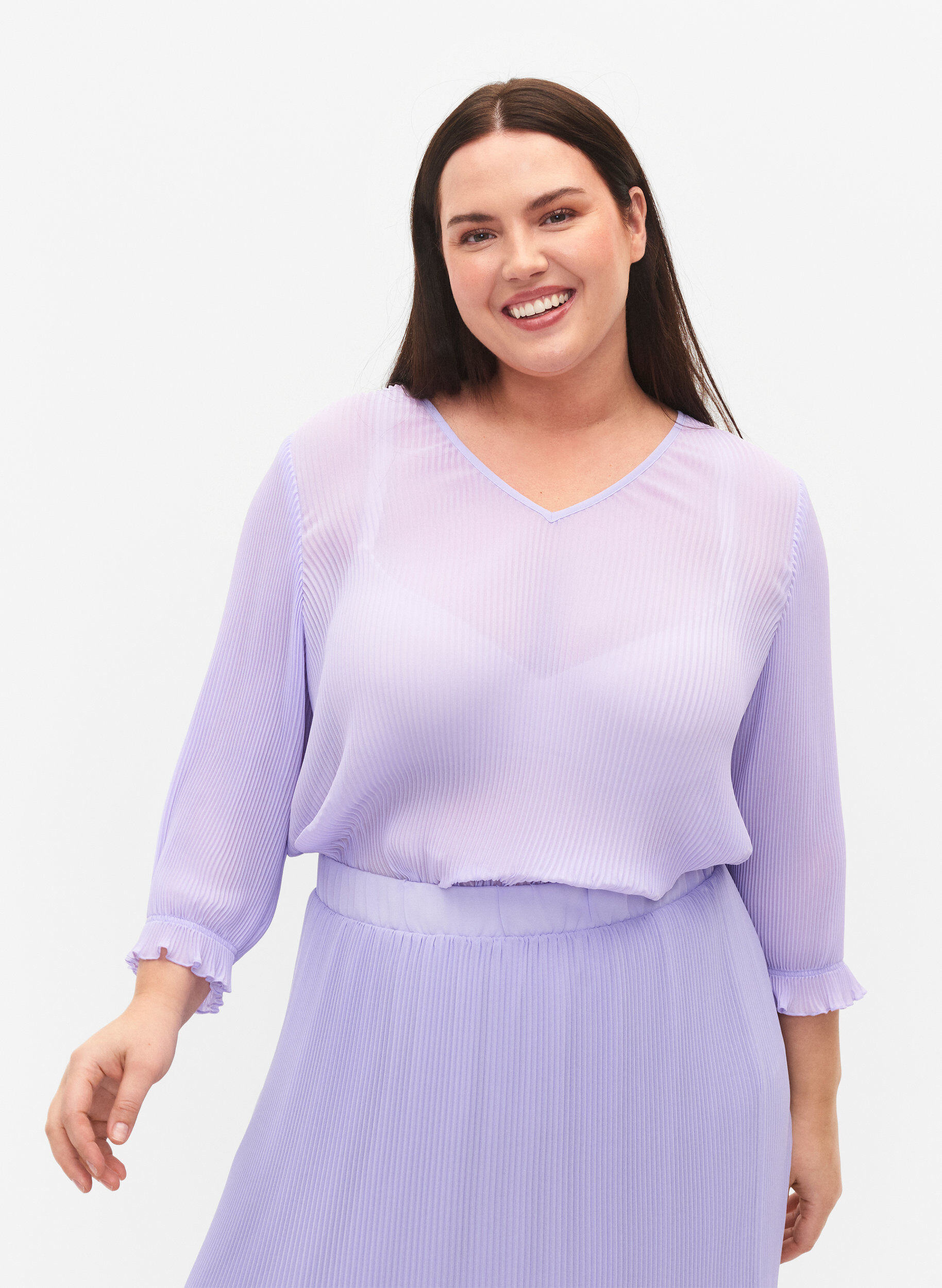 Zizzi Plisserad blus med 3/4-&auml;rmar, Lavender, Model image number 0