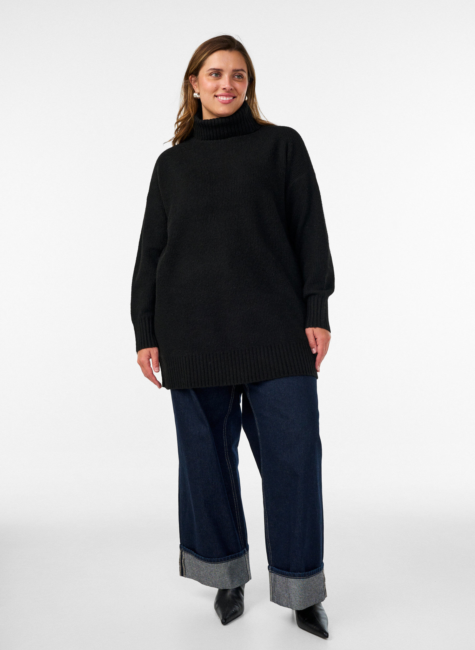 ZizziL&ouml;st stickad tr&ouml;ja med polokrage, Svart, Model image number 1