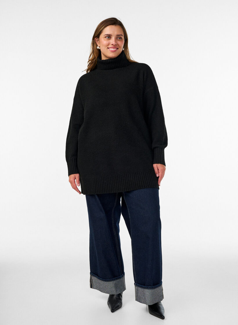 L&ouml;st stickad tr&ouml;ja med polokrage, Svart, Model image number 1