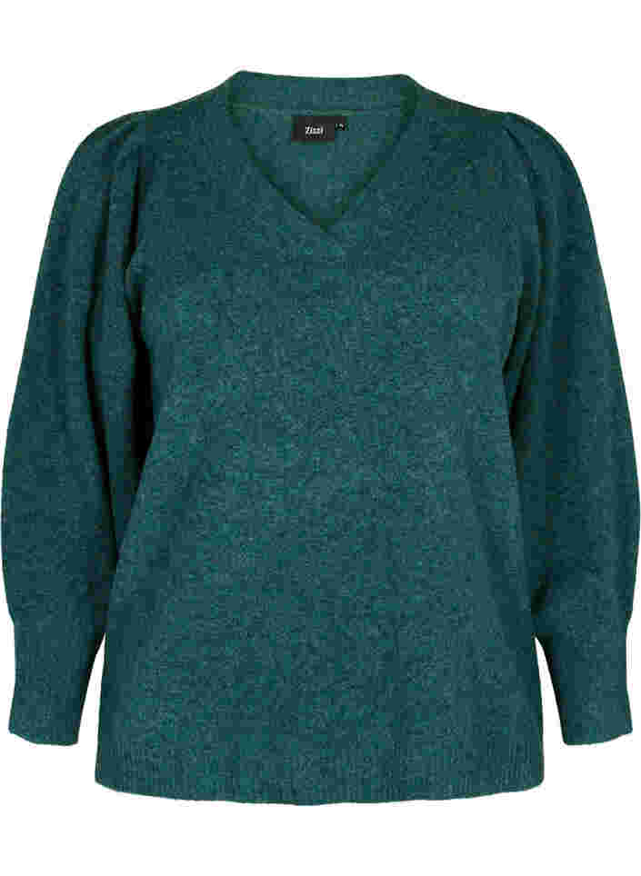 Melerad stickad tröja med puffärm och v-hals, Ponderosa Pine Mel., Packshot image number 0