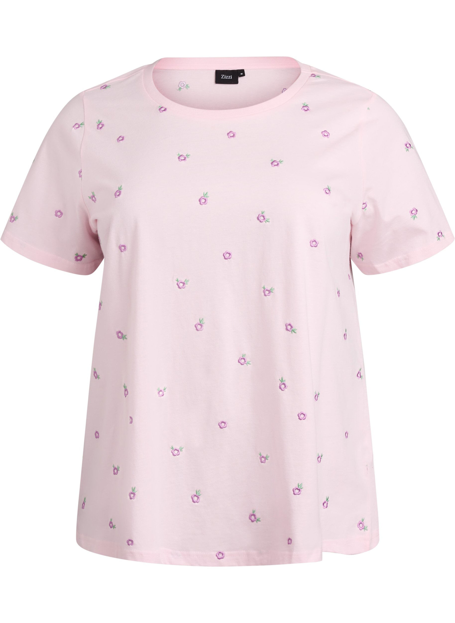 Zizzi T-shirt i ekologisk bomull med broderade motiv, Rosa, Packshot image number 0