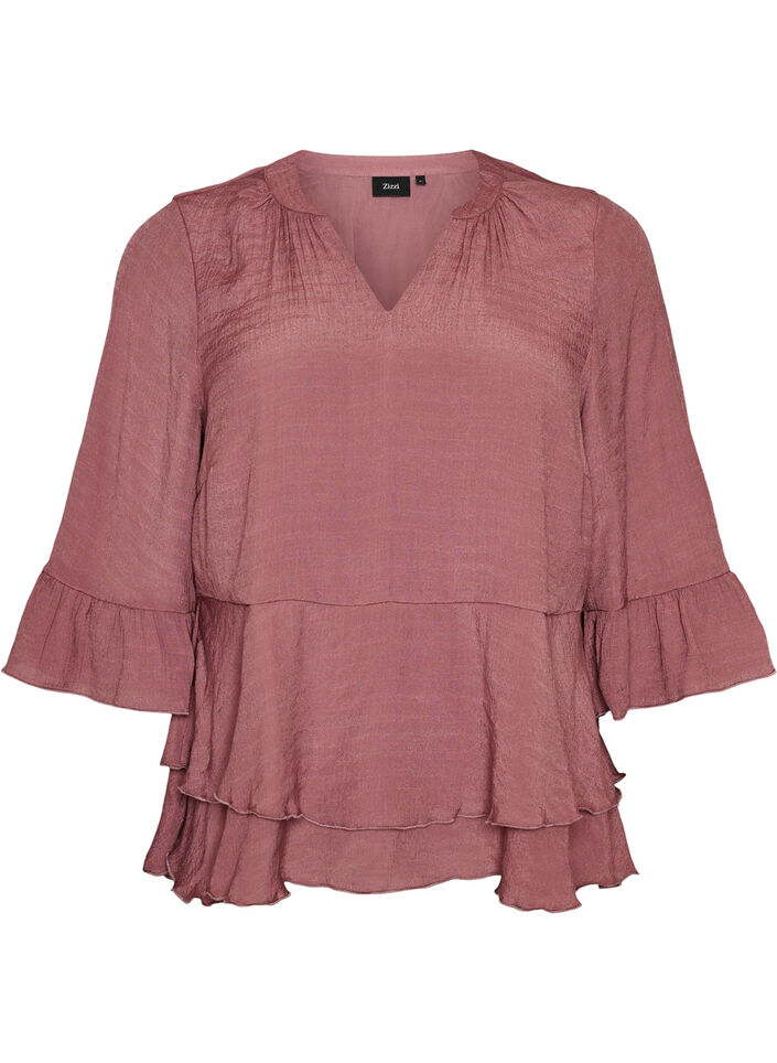 Blus med 3/4-&auml;rmar och volangdetaljer, Rosa, Packshot image number 0