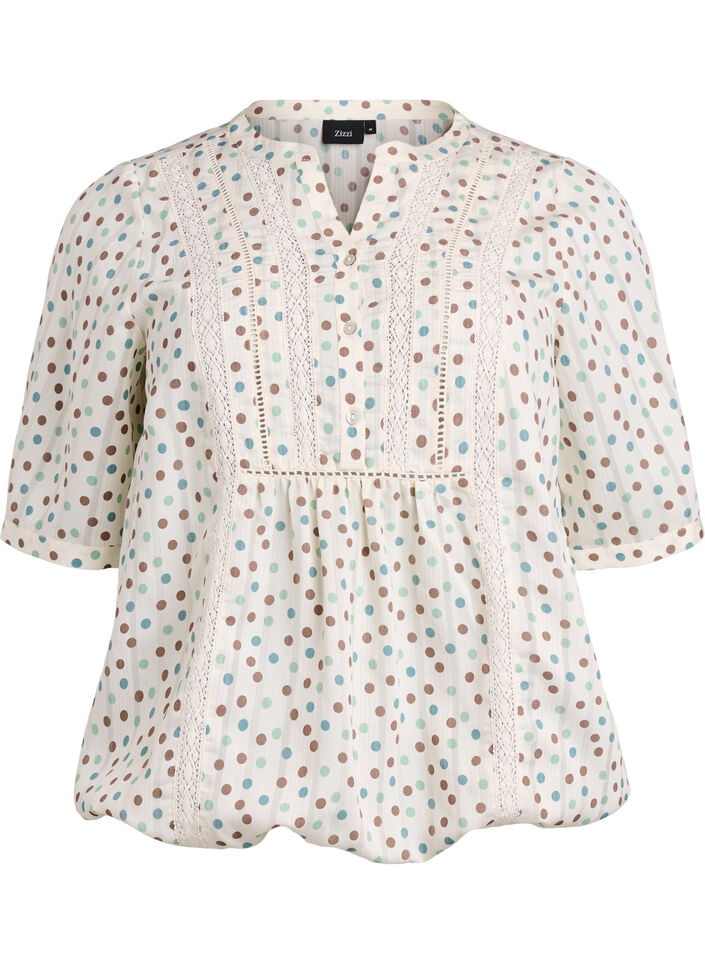 Blus med tryck och halvkorta &auml;rmar, Vit, Packshot image number 0