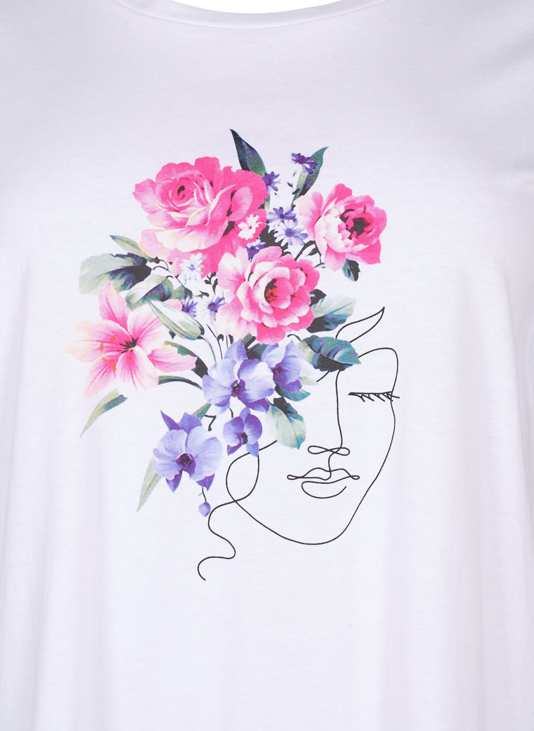 Zizzi T-shirt i bomull med blommor och portr&auml;ttmotiv, B. White Face Flower, Packshot image number 2