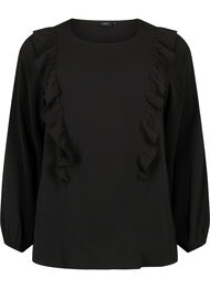 Långärmad blus med volanger, Black