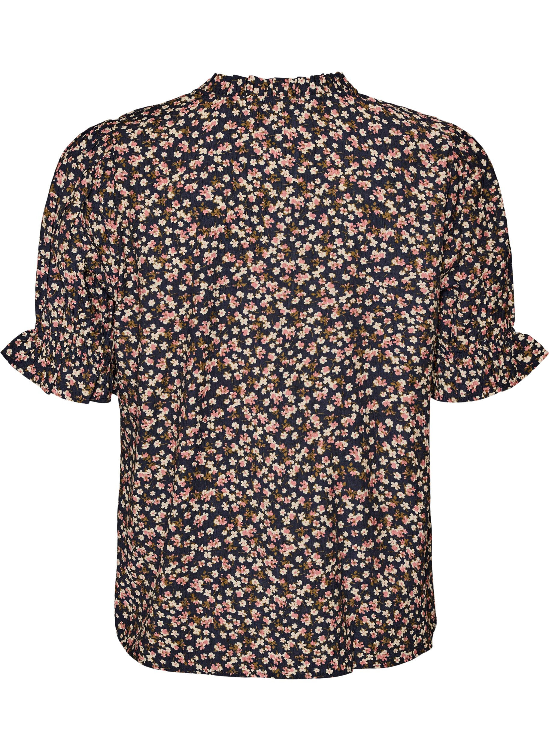 ZizziBlommig blus i viskos med korta &auml;rmar och smockdetaljer, Bl&aring;, Packshot image number 1