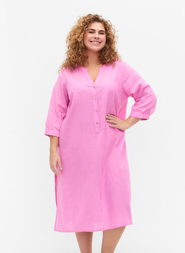 Lång skjortklänning med 3/4-ärmar, Begonia Pink, Model image number 0