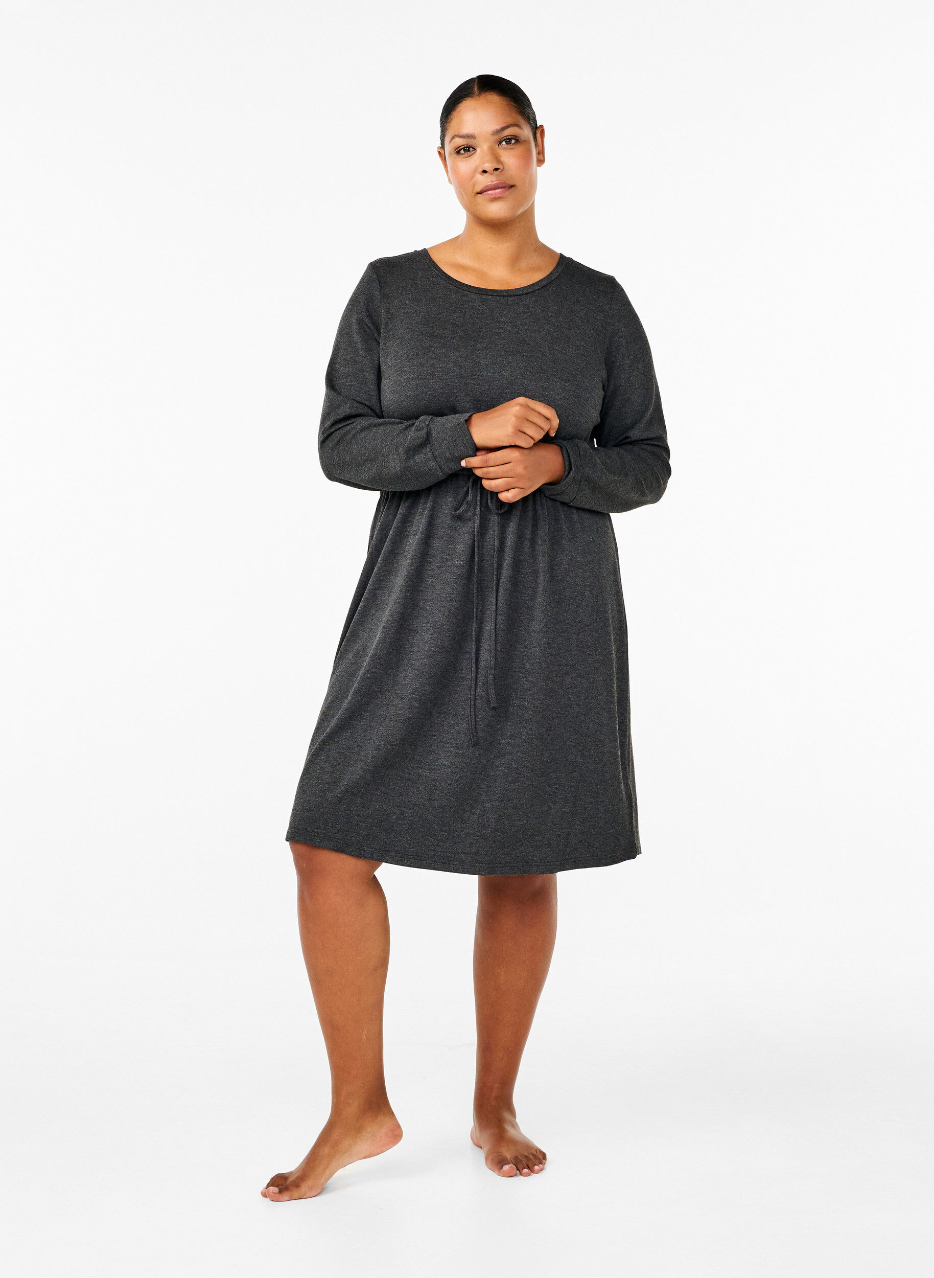 Zizzi Kn&auml;l&aring;ng jerseykl&auml;nning med knytband, Dark Grey Melange, Model image number 2