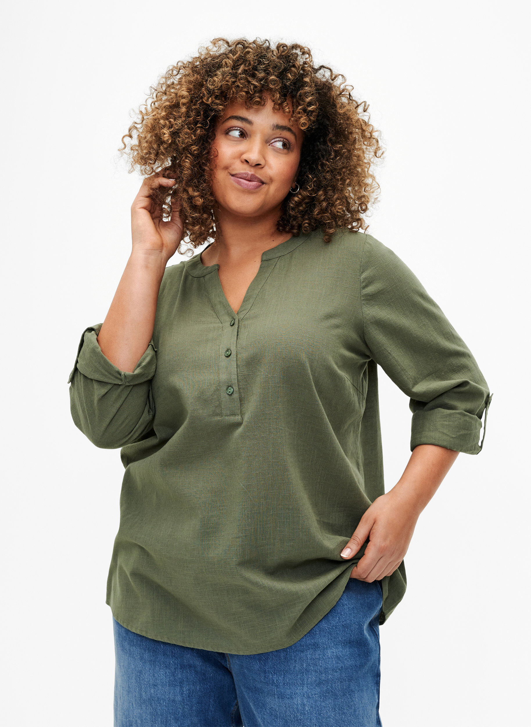 Zizzi Skjortblus i bomull med v-ringad hals, Thyme, Model image number 0