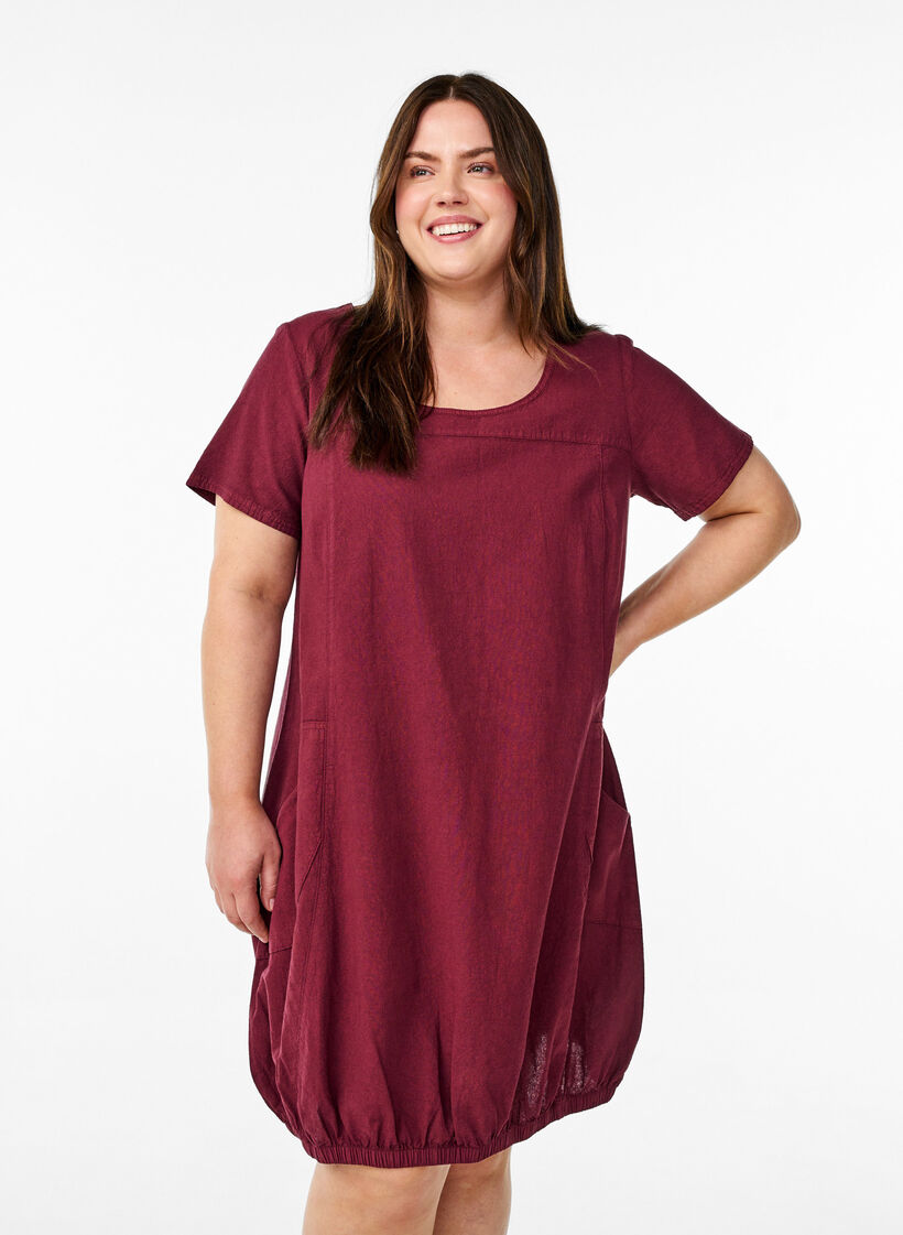 Kort&auml;rmad kl&auml;nning i bomull, M&ouml;rk Bordeaux, Model image number 0