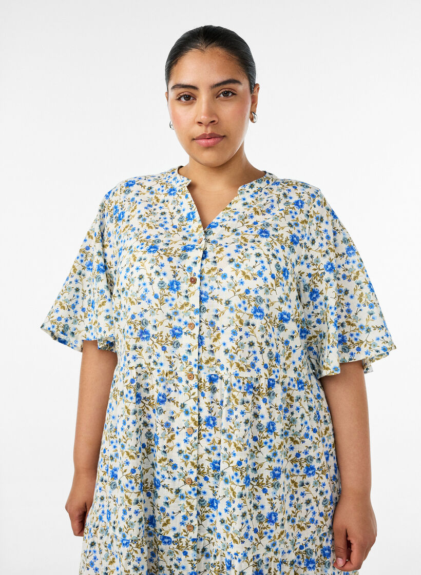 Midikl&auml;nning i bomull med blommigt m&ouml;nster, Bl&aring;, Model image number 2