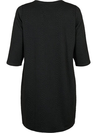 Klänning med textur och trekvartsärmar, Black, Packshot image number 1