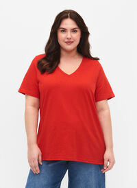V-ringad bas t-shirt med korta ärmar, Flame Scarlet, Model
