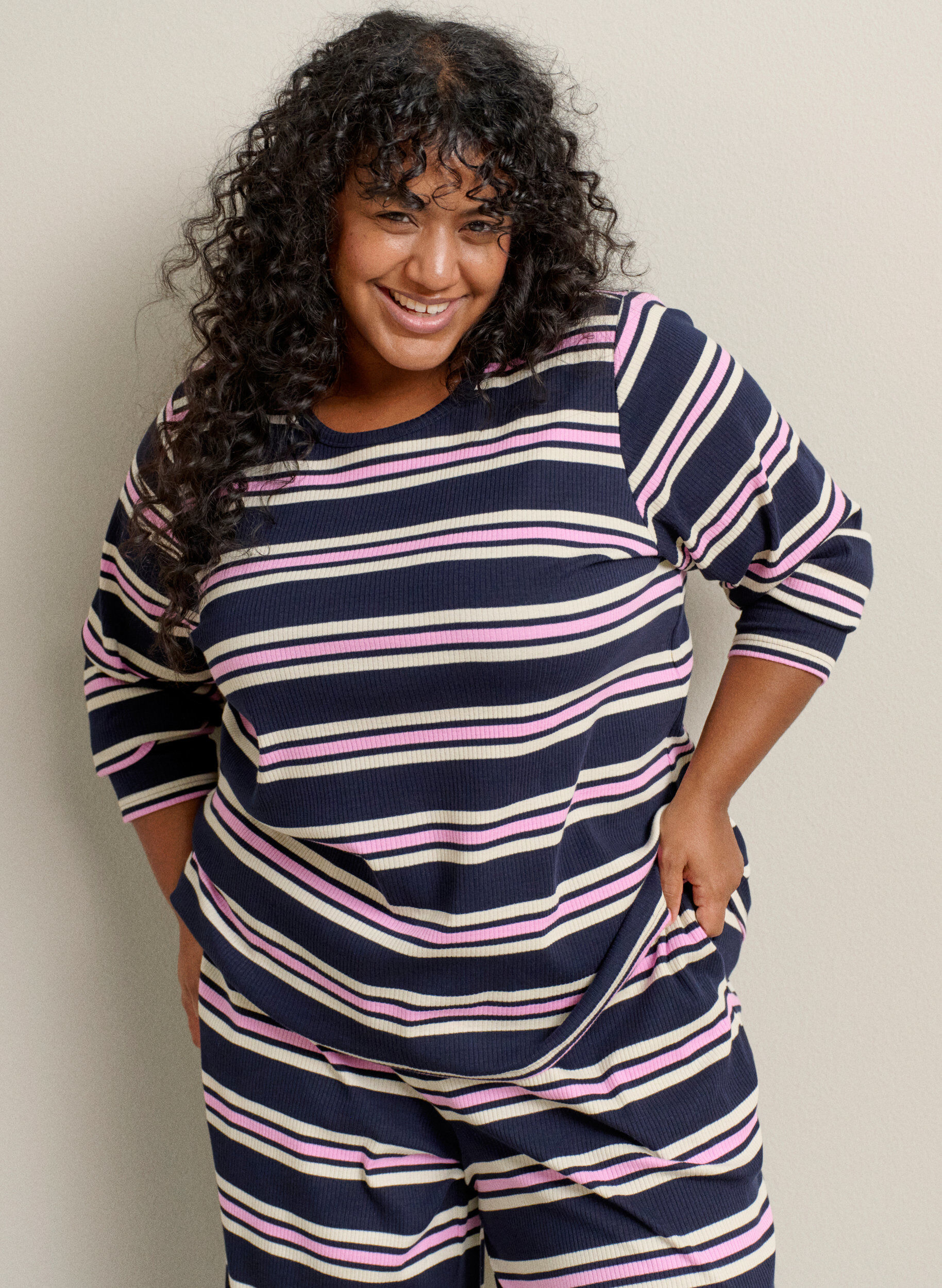 Zizzi Randiga pyjamasbyxor med vida ben, Bl&aring;, Image image number 0