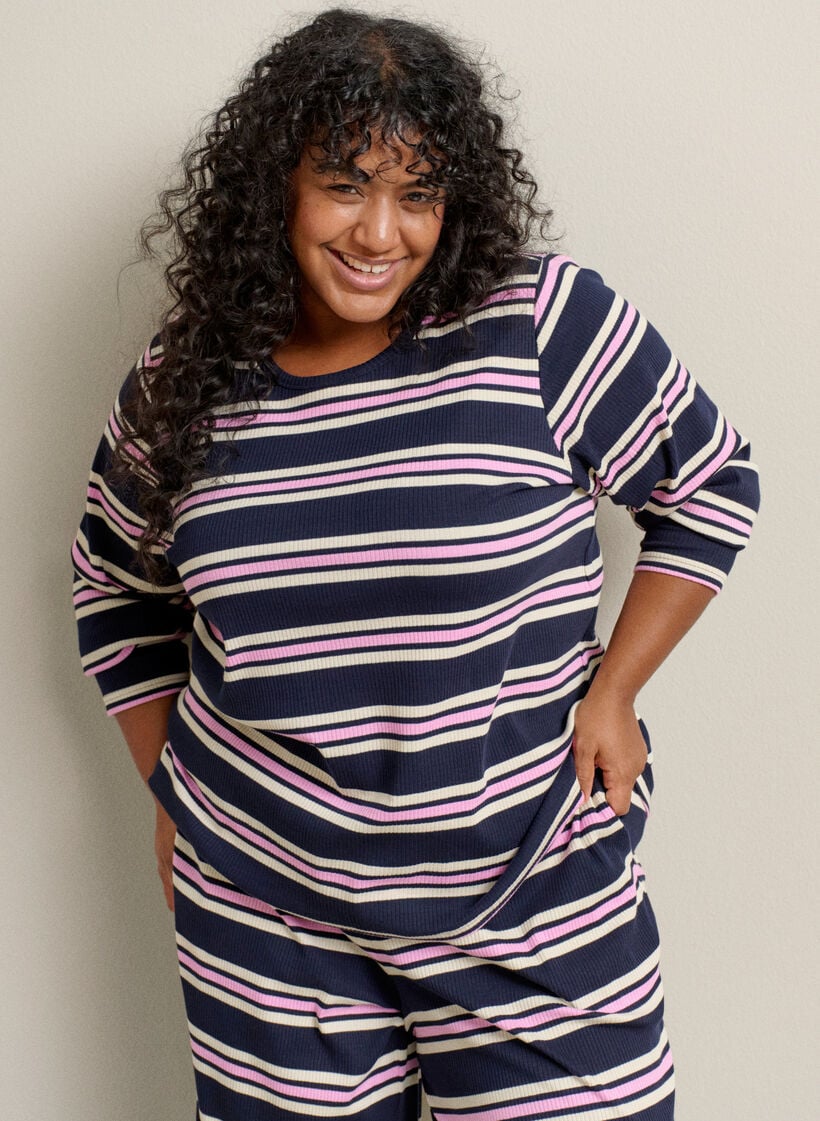 Randiga pyjamasbyxor med vida ben, Bl&aring;, Image