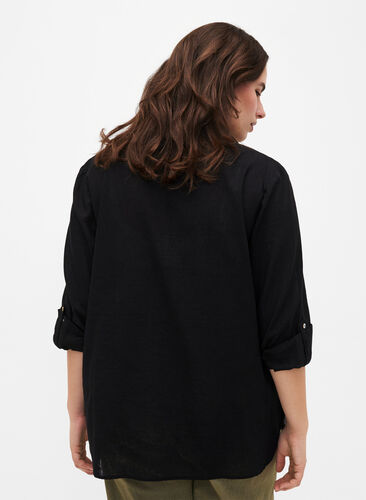 Skjortblus med knäppning i en blandning av bomull och linne, Black, Model image number 1