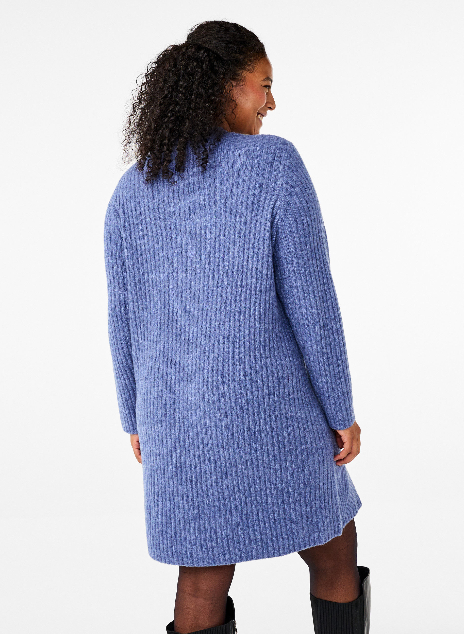 Zizzi Kort, ribbad kl&auml;nning med rund halsringning, Grey Blue Mel., Model image number 1