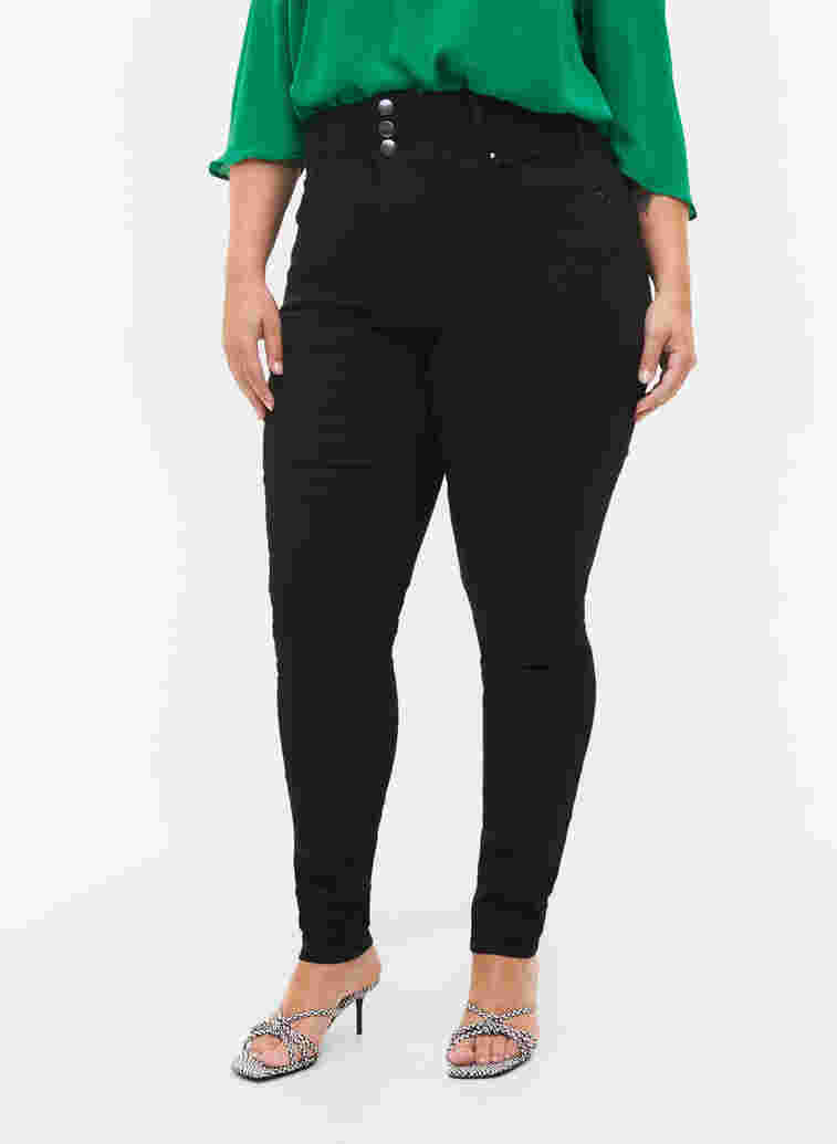 Super slim Bea jeans med extra hög midja, Black, Model image number 2