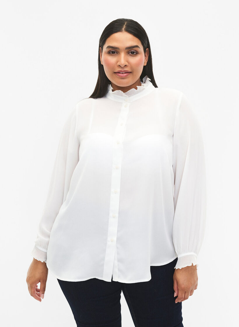 Skjortblus med volangdetaljer, Bright White, Model image number 0