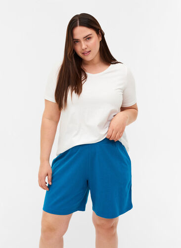 Lösa shorts i bomull med fickor, Fjord Blue, Model image number 0