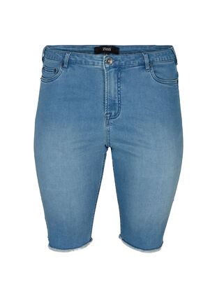 Kroppsnära jeansshorts med råa kanter, Blue Denim, Packshot image number 0