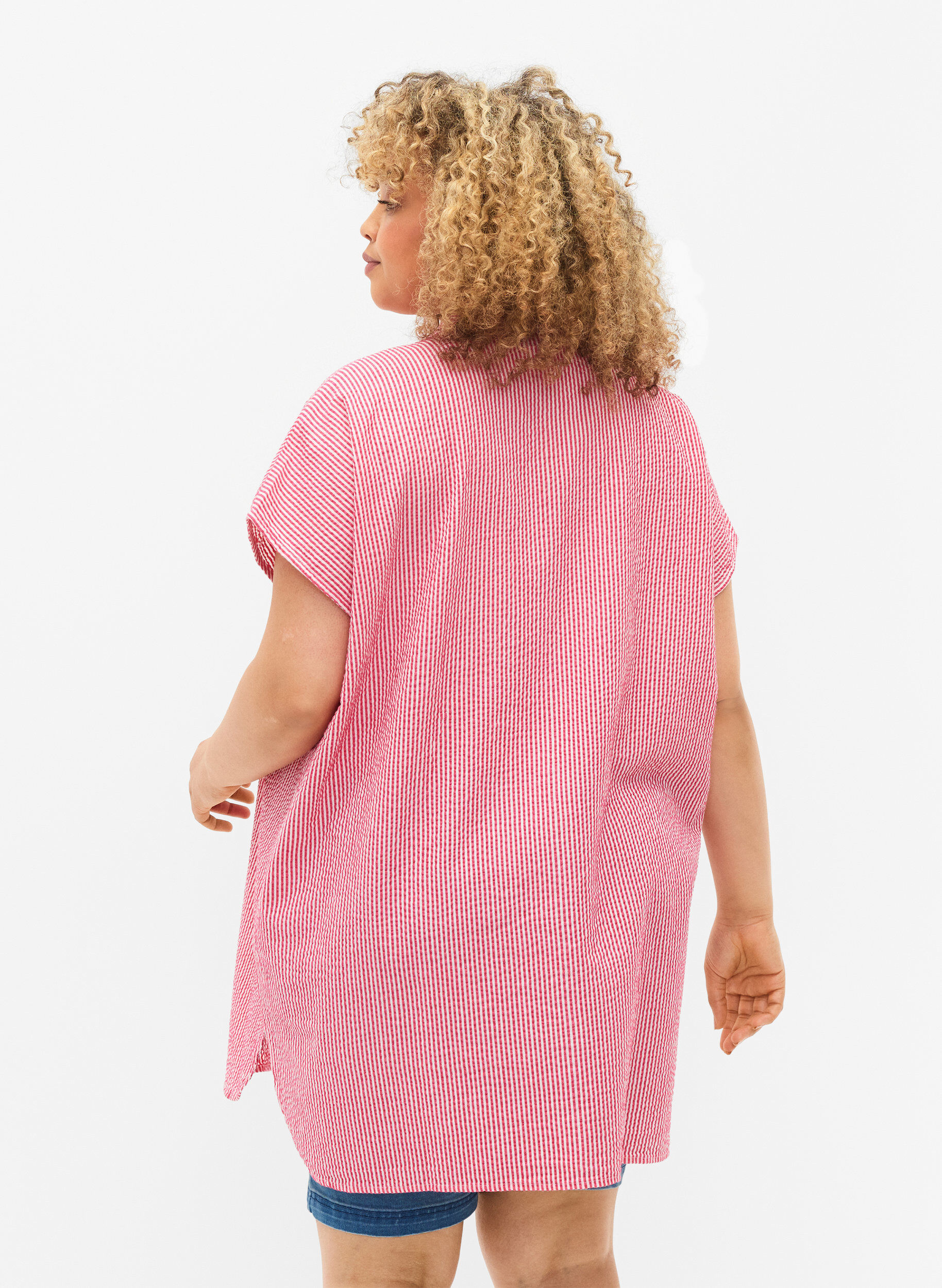 ZizziRandig skjorta i bomull med korta &auml;rmar, Beetroot P. Stripe, Model image number 1