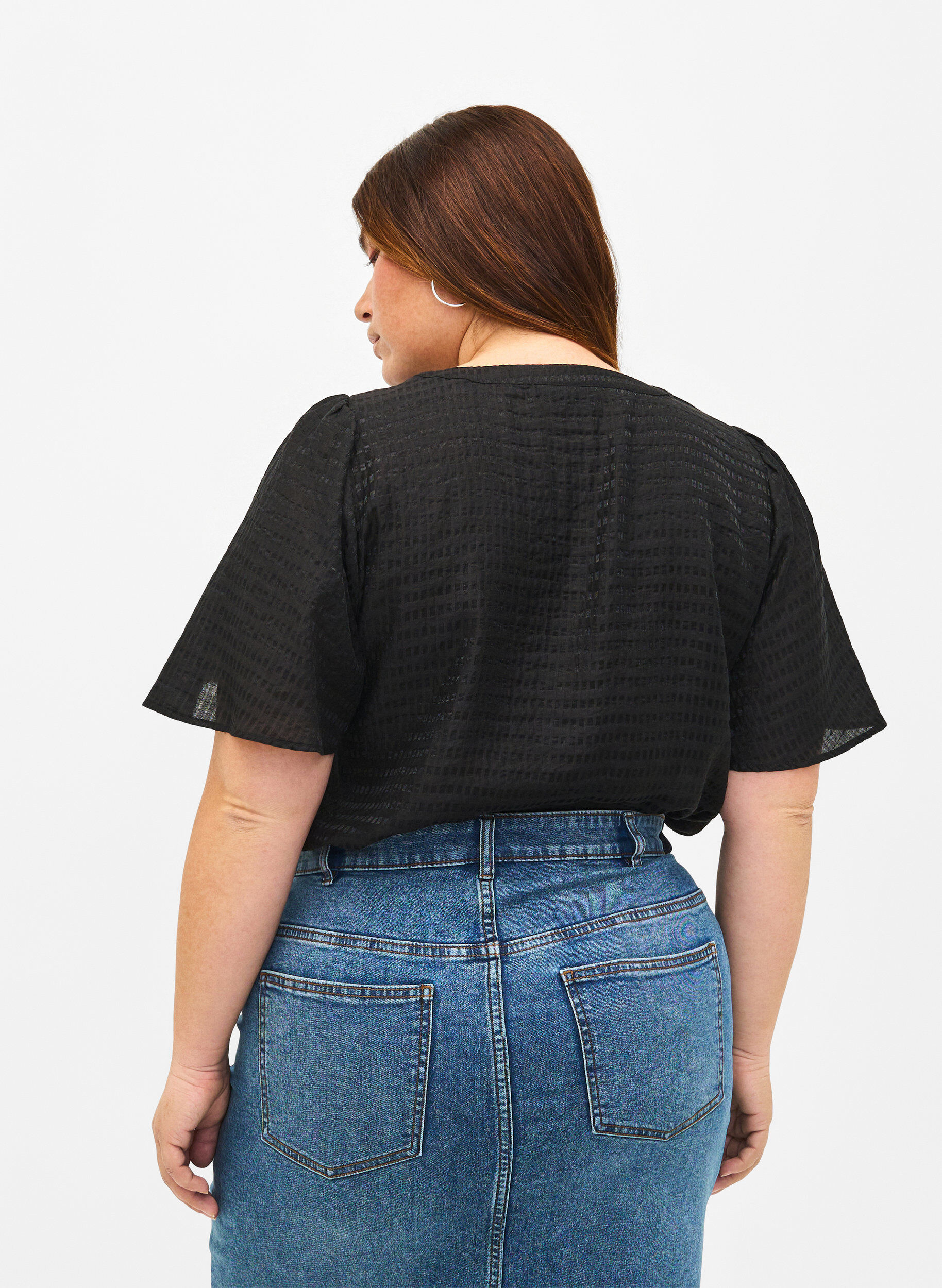 Zizzi Lyocell skjortblus med struktur, Black, Model image number 1