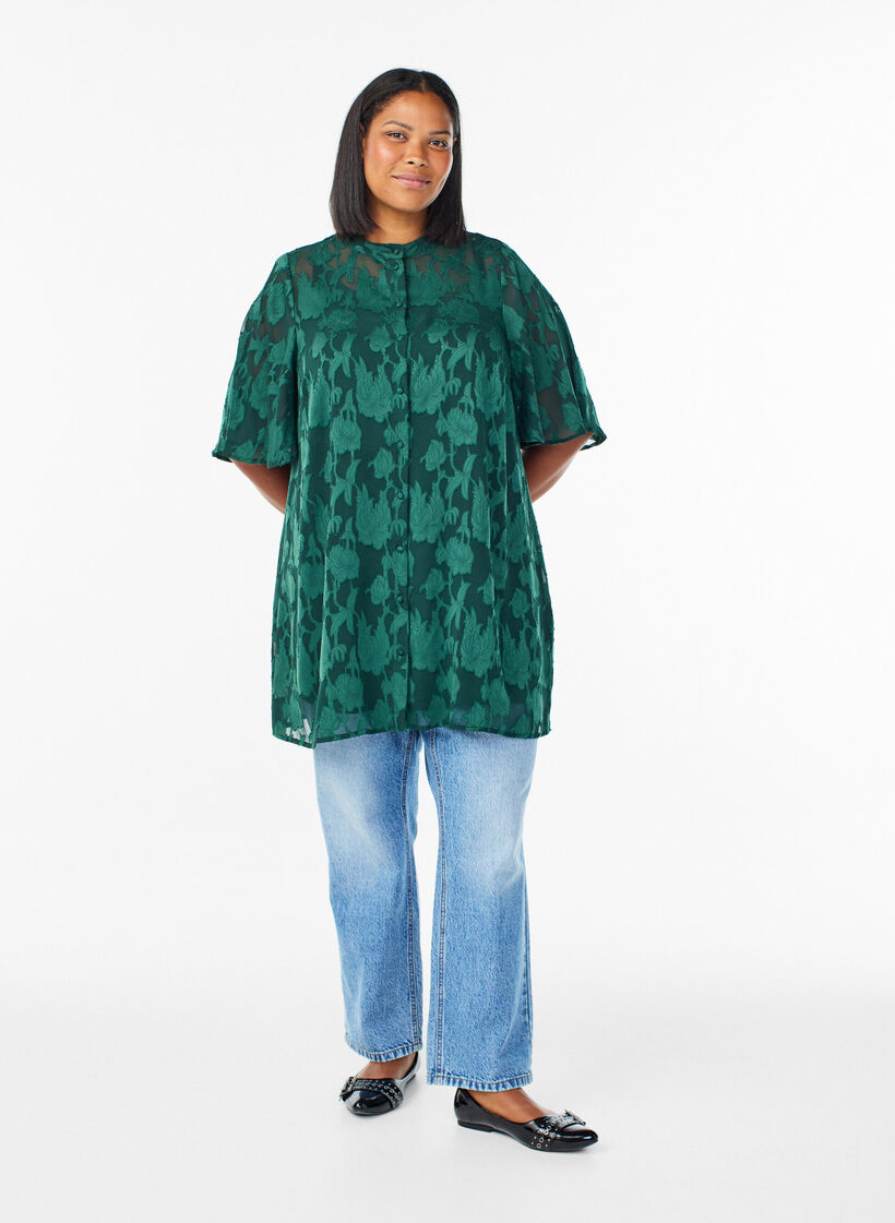 Kort a-linjeformad klänning med blommigt mönster, Grön, Model image number 1