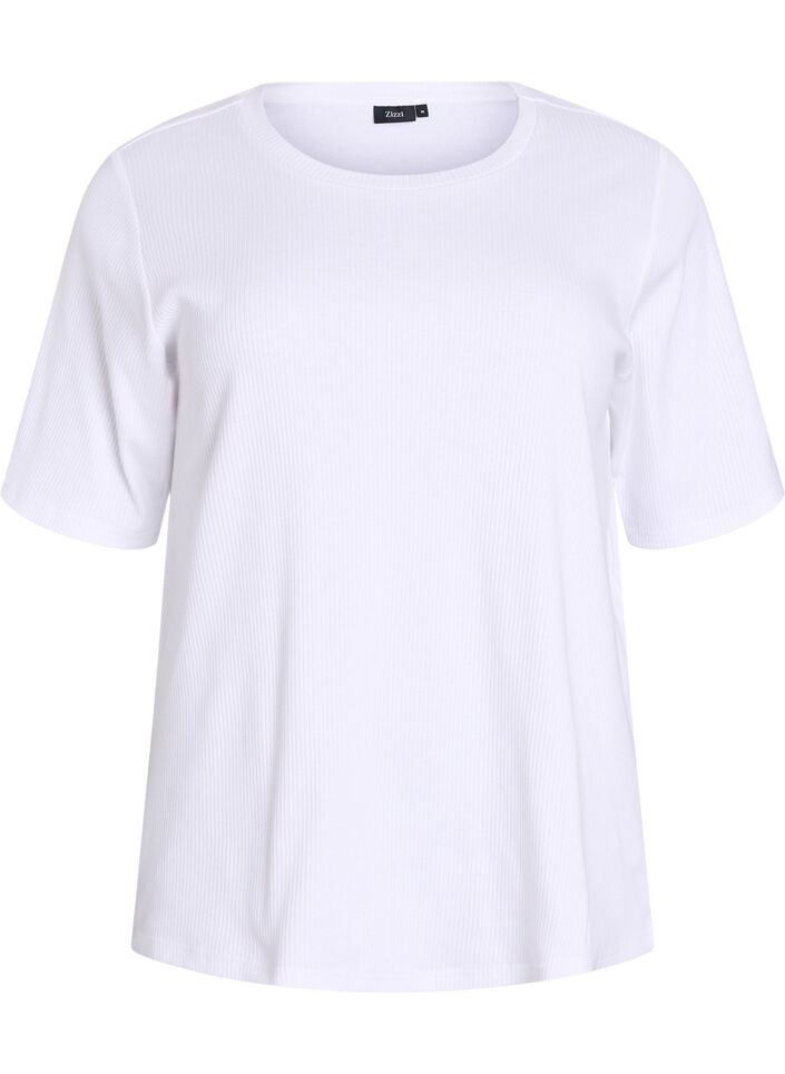 Blus i ribbad jersey med korta &auml;rmar, Vit, Packshot image number 0
