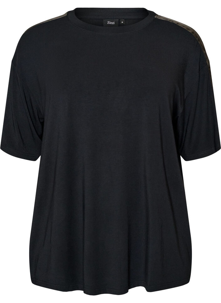 Natt-t-shirt i modal med kontrastband, Svart, Packshot image number 0