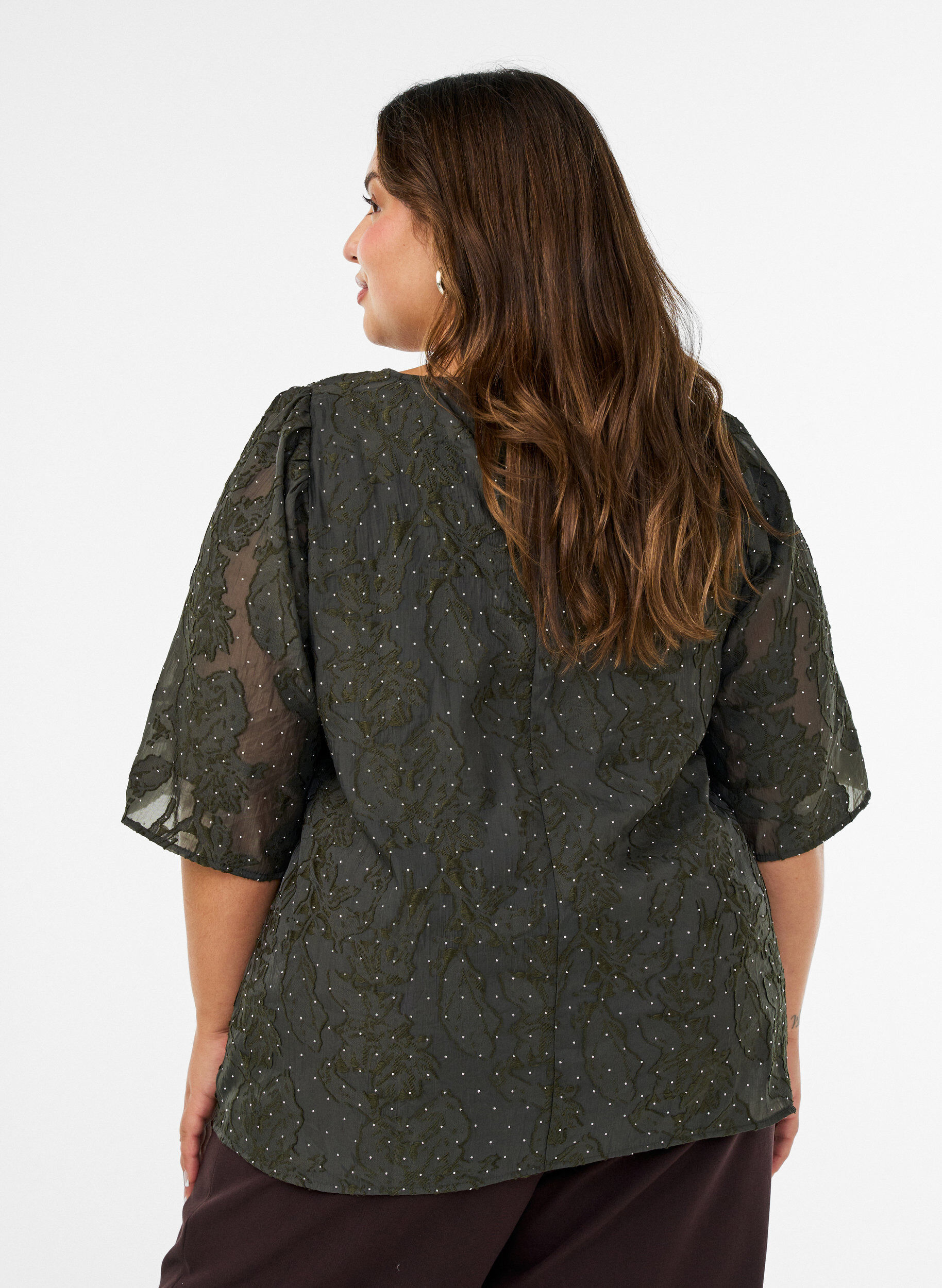ZizziJacquardblus med glittriga detaljer och puff&auml;rmar, Gr&ouml;n, Model image number 2