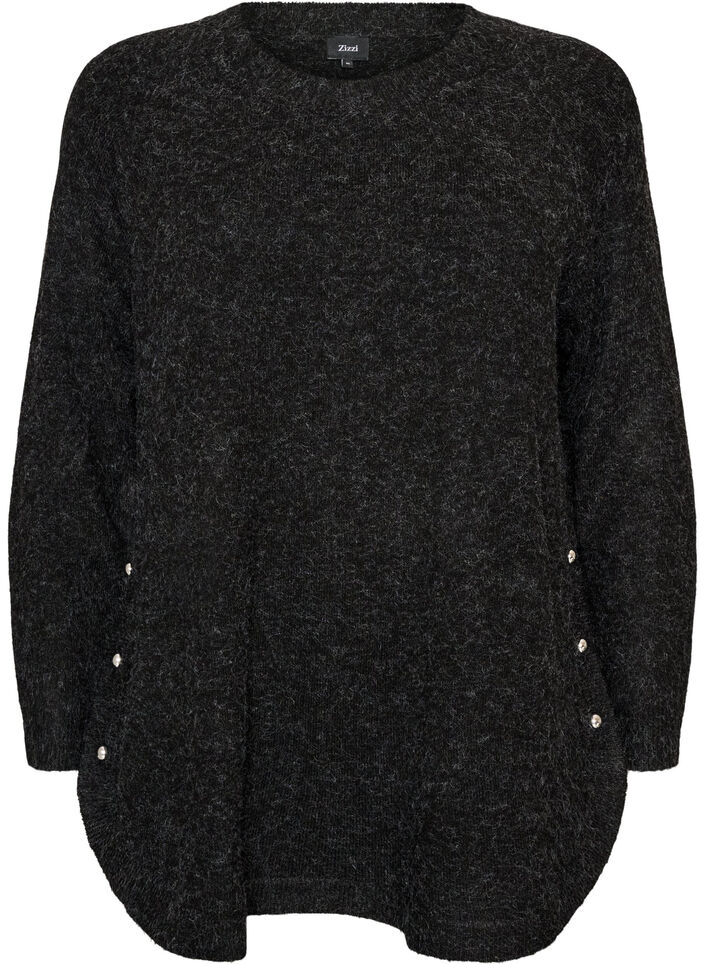 L&aring;ng stickad blus med kulknappar, Gr&aring;, Packshot image number 0