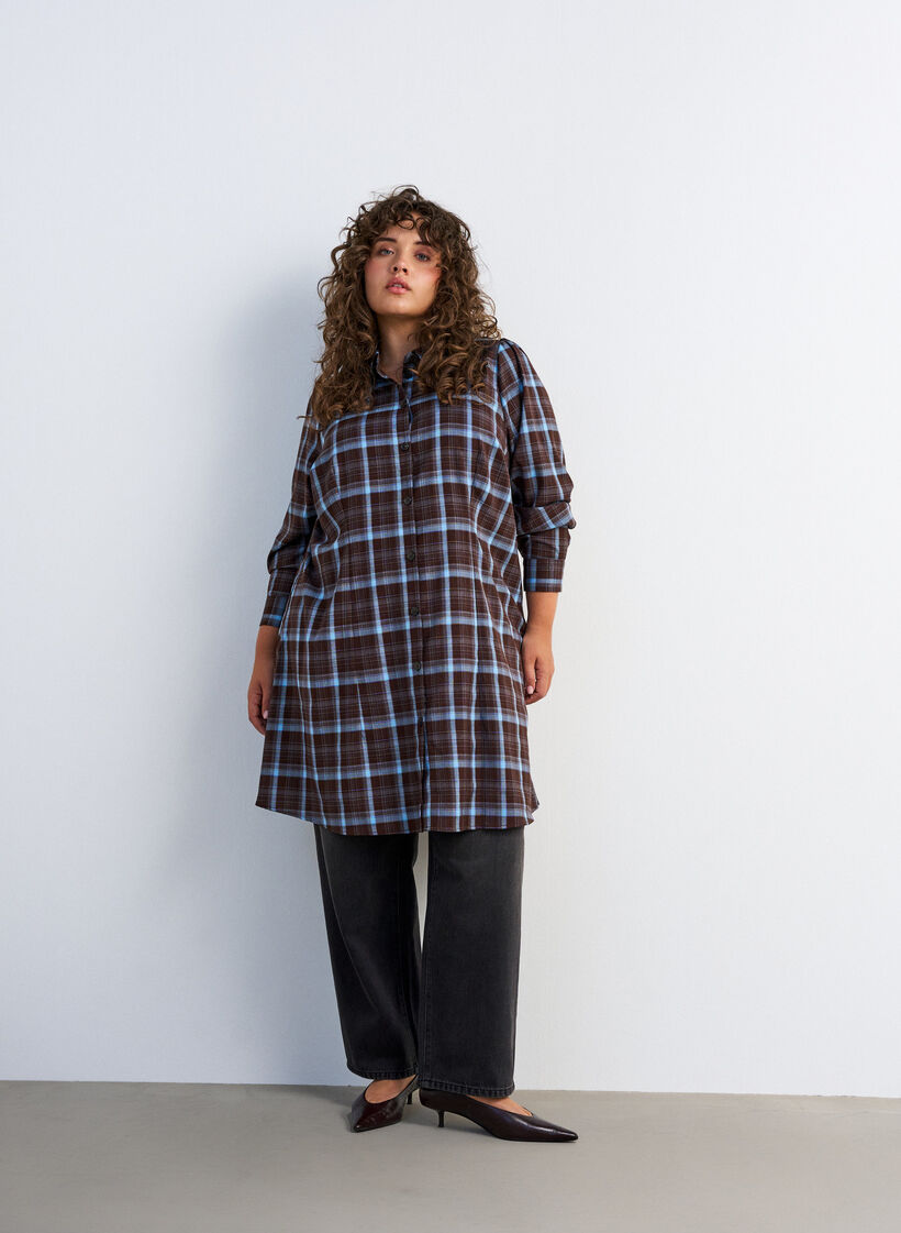 Kn&auml;l&aring;ng skjortkl&auml;nning med rutigt m&ouml;nster, Brun, Model image number 3