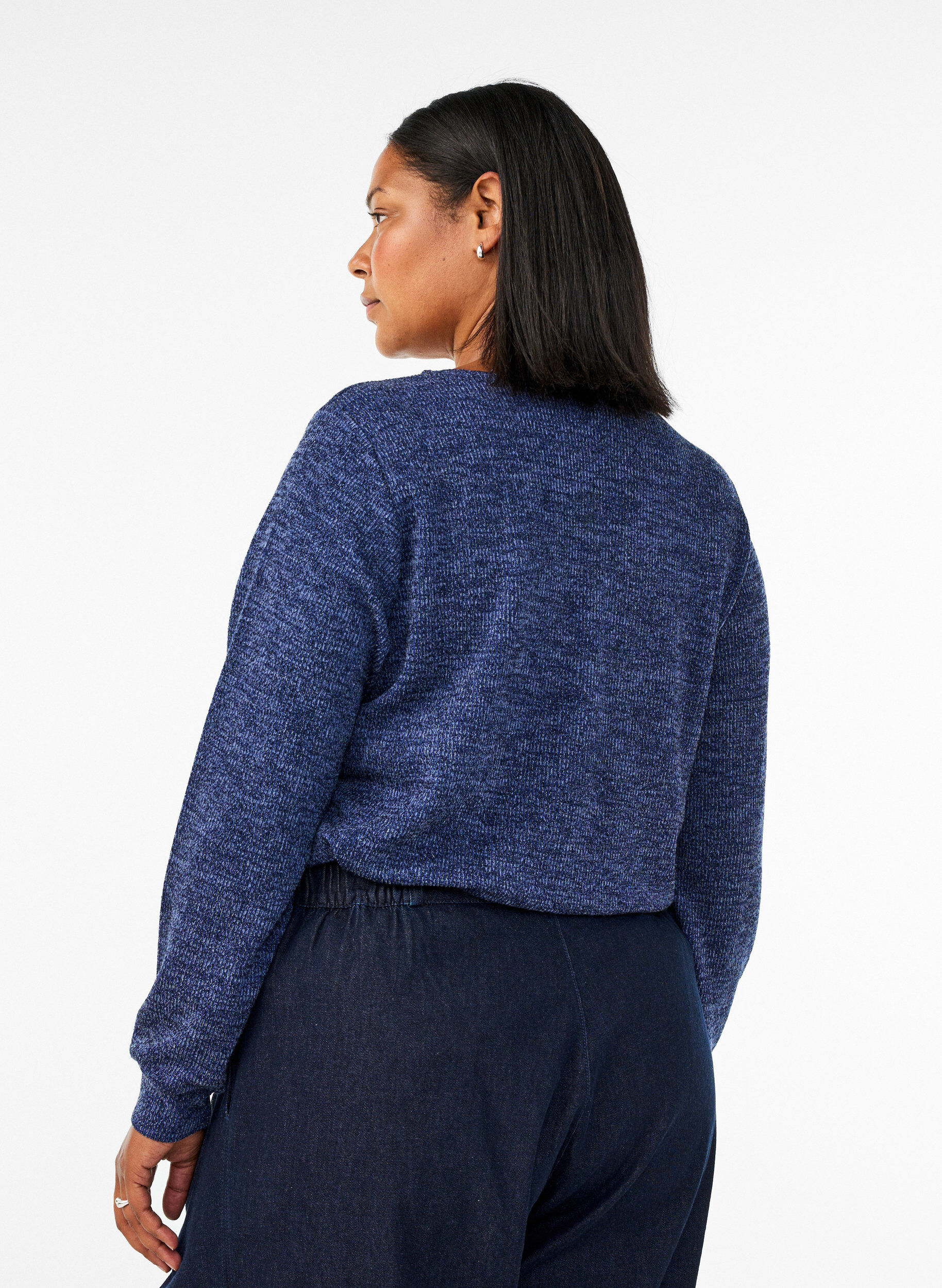ZizziBlus i jersey med v-ringning och l&aring;nga &auml;rmar, Bl&aring;, Model image number 2