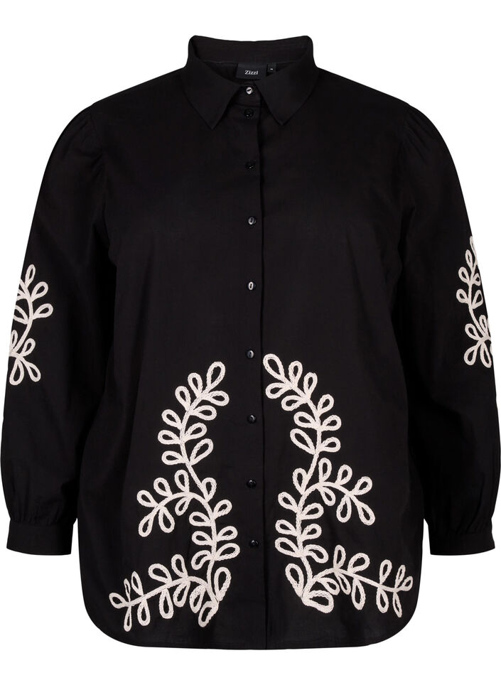 Löst sittande bomullsskjorta med broderi, Black, Packshot image number 0