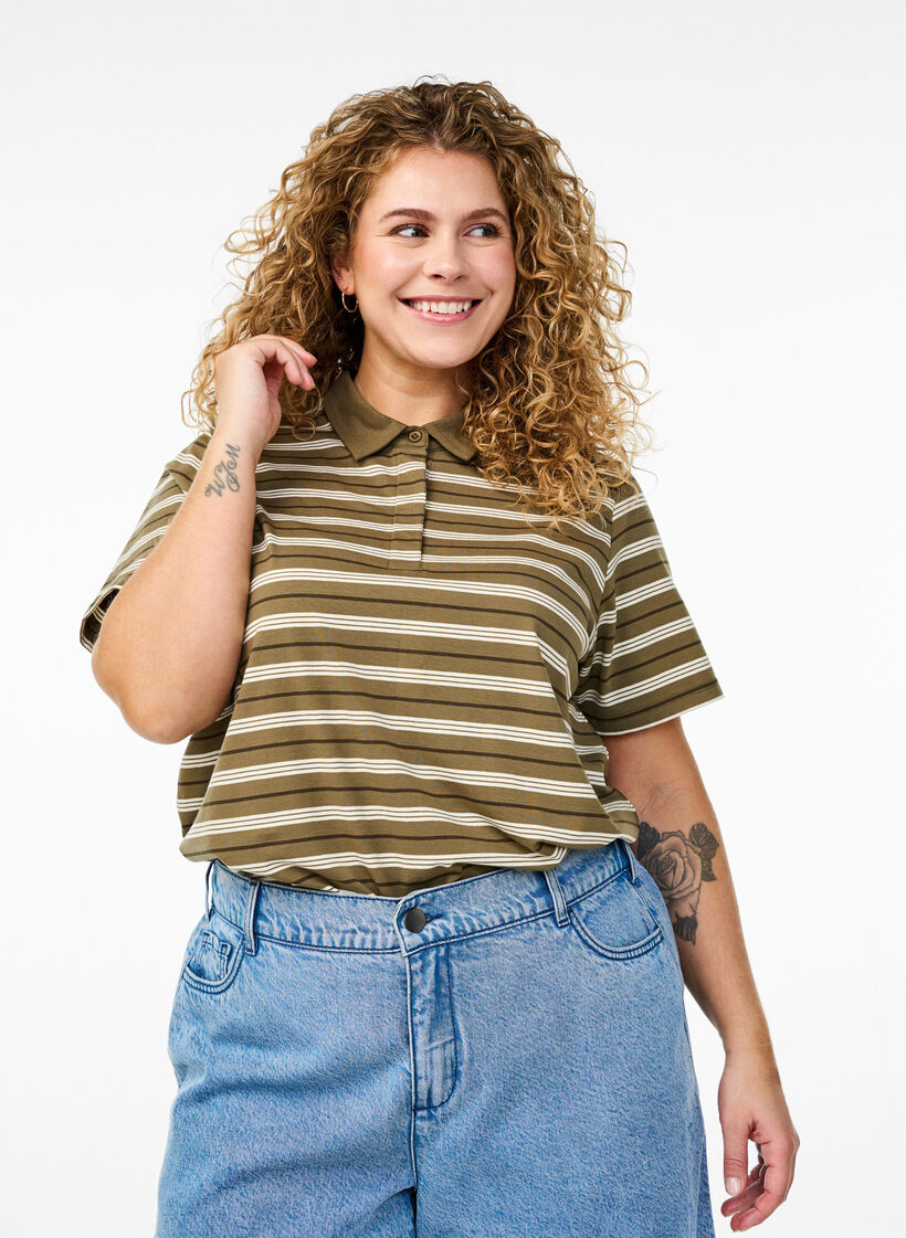 Randig pikétröja med korta ärmar, Grön, Model image number 0