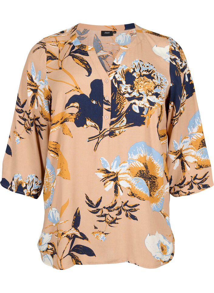 Blus i viskos med 3/4 &auml;rmar, Blue Flower AOP, Packshot image number 0