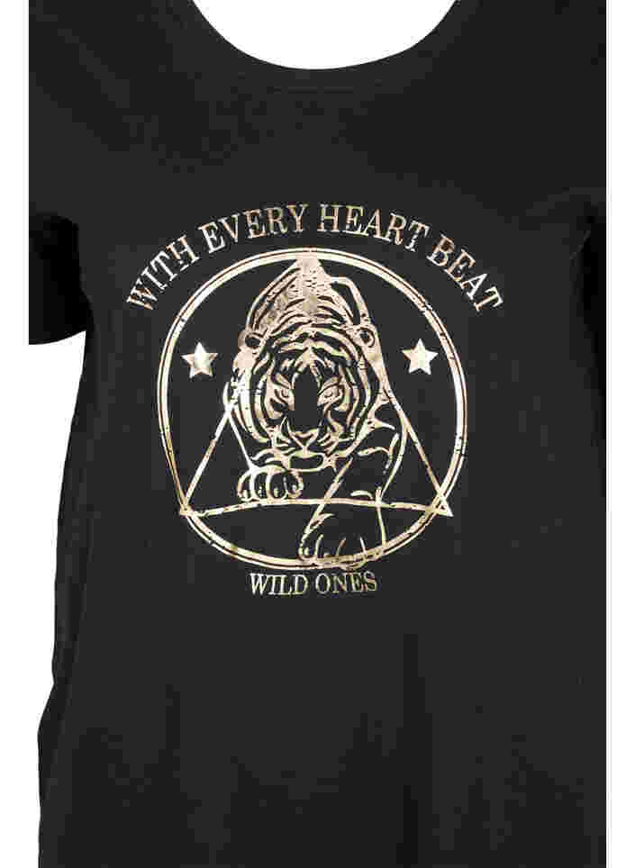 Lång t-shirt i bomull med korta ärmar, Black Tiger w. Foil, Packshot image number 2