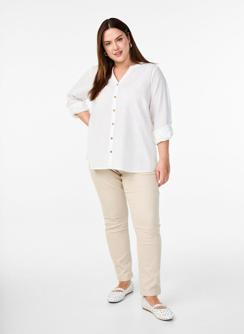 Bomullsblus med v-ringning, Vit, Model image number 1