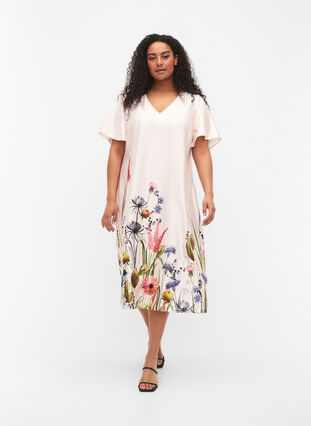 Midiklänning med blommönster och korta ärmar, White Sand, Model image number 0