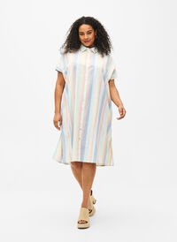 Lång skjorta i bomullsblandning med linne, Multi Color Stripe, Model