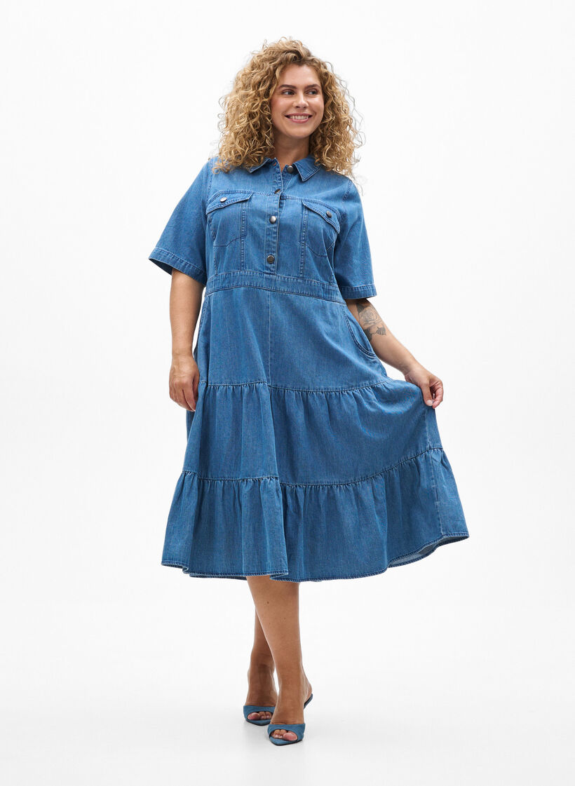 Jeanskjol i midil&auml;ngd med knappar och korta &auml;rmar, Bl&aring;, Model image number 1