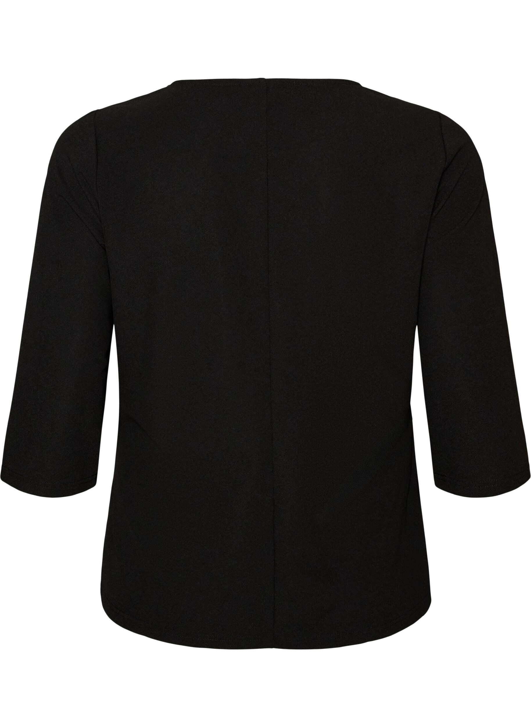 ZizziBlus med asymmetrisk drapering och 3/4-&auml;rmar, Svart, Packshot image number 1