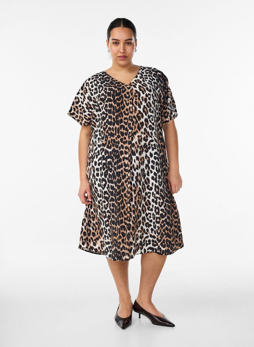 Kl&auml;nning med v-ringning i viskos, Brun, Model image number 0