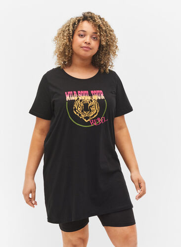 Lång t-shirt i bomull med korta ärmar, Black Tiger, Model image number 0