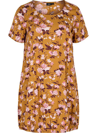 Kortärmad viskosklänning med mönster, Yellow Flower, Packshot image number 0