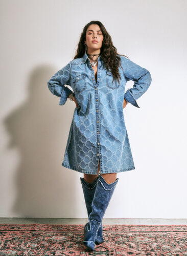Denimklänning med slitet mönster, Blue denim, Image image number 1