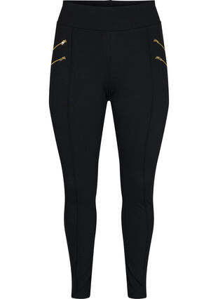 Enfärgade leggings med pressveck och dragkedjor, Black, Packshot image number 0