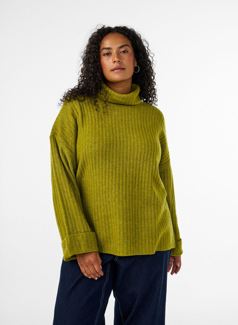 Stickad topp med polokrage, Gr&ouml;n, Model image number 0